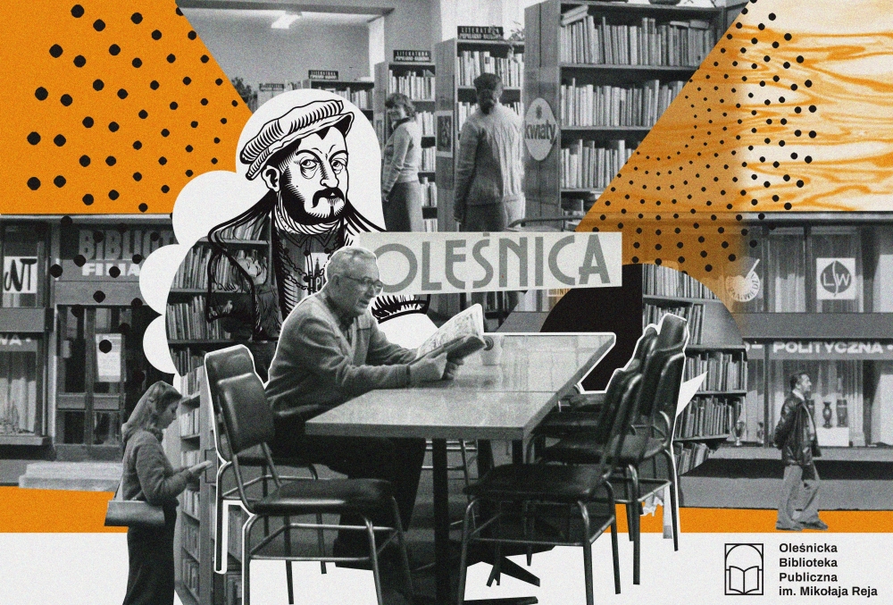 Kolaż promocyjny oleśnickiej biblioteki autorstwa Michaliny Mietlińskiej